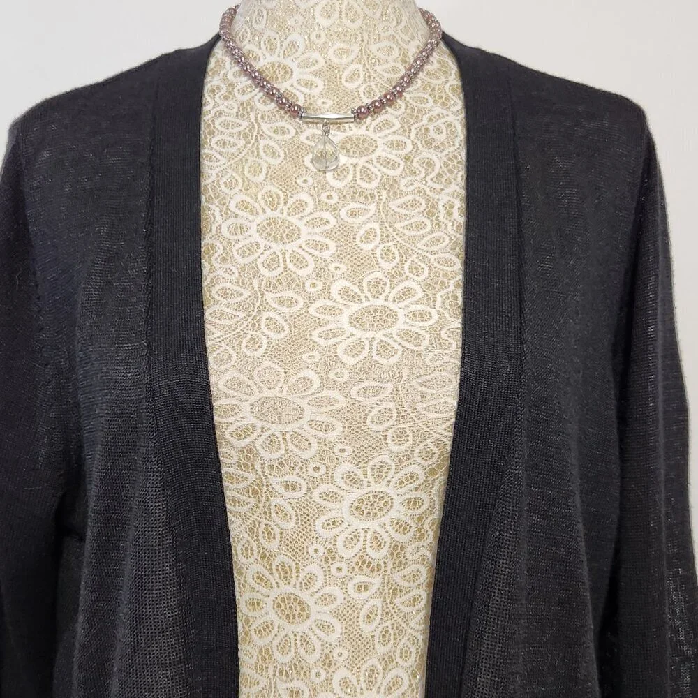 Charter Club Women's Size L Black Ramie Peplum Hem Open Front Cardigan Sweater